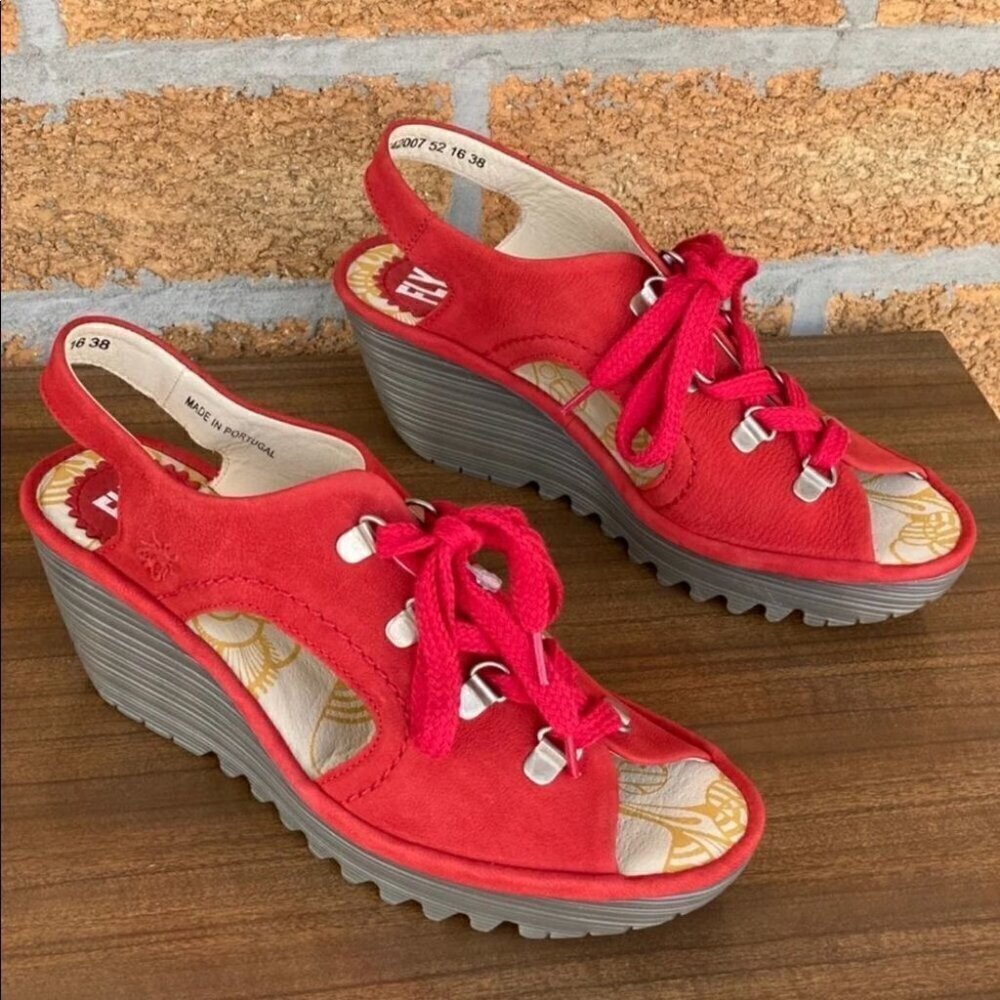 Fly London Ylfa Scarlet Red Leather Laced shoes 8 - Picture 4 of 11